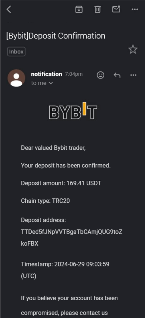 Bybit电子邮箱存款确认通知